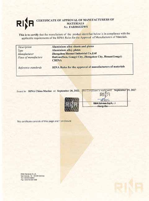 marine grade aluminum sheet RINA certificates